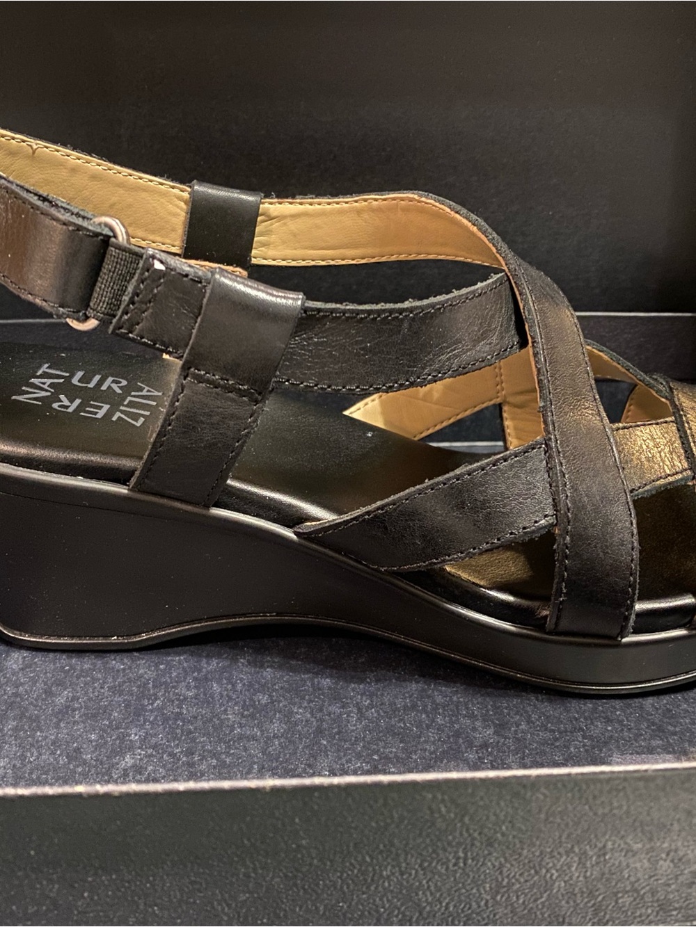 Naturalizer Black Leather Strappy Wedge Sandals